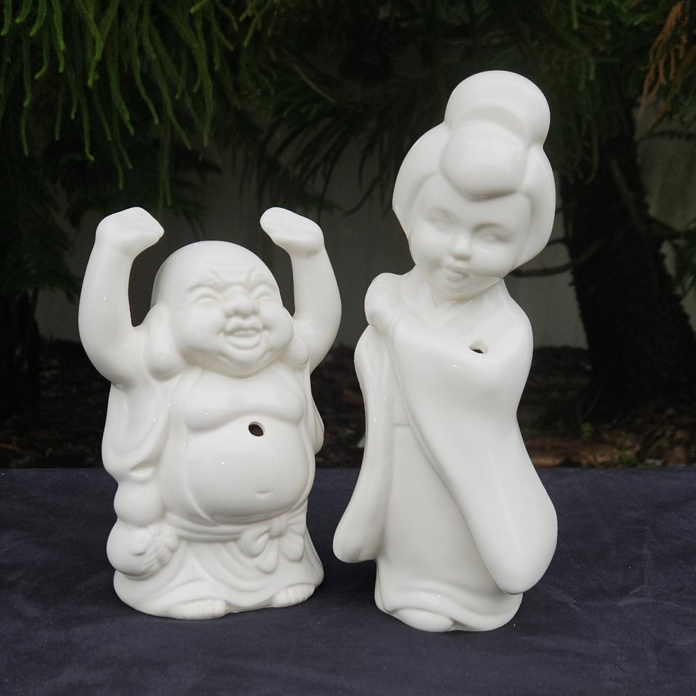 Vintage Benihana Of Tokyo Tiki Mug Set Happy Buddha Geisha Girl White